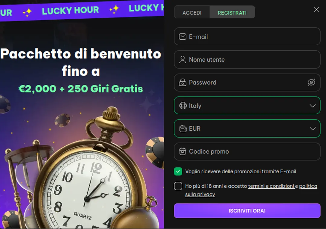 LuckyHour Casino registrazione